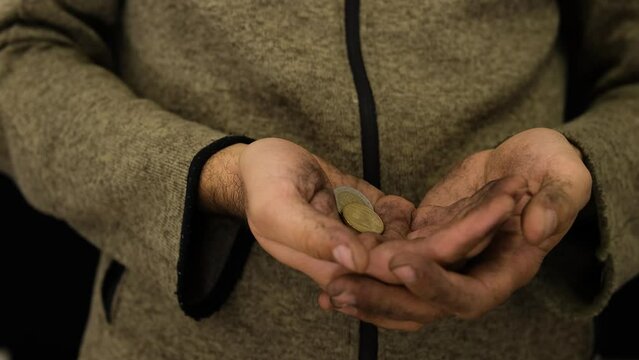 Dirty Homeless Beggar Receiving Coins Poor Man Begging 4k