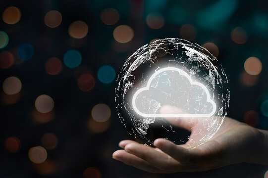 hand holding icon cloud computing network and icon connection data information in hand. Cloud computing and technology concept