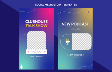 Editable templates for social media. Music and podcast promotion story banner. Ads design with colorful gradient background.