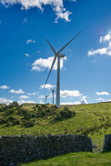 Three wind turbines, shot in portrait, set against blue summer sky