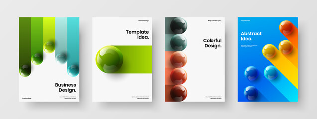 Minimalistic company cover A4 vector design illustration composition. Multicolored realistic balls leaflet layout bundle.