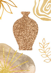 Watercolor boho wall art. Interior picture. Abstract shapes, brown vase, glitter element. Trend printable, modern style, collage, wall design