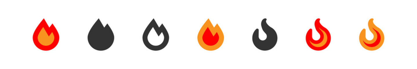 Fire icon set. Flame silhouette sign. Hot symbol. Burn, warm icon in vector flat