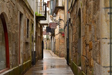 View of a typical street in the town of Baiona on the Way of St. James.