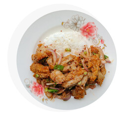 Top view. Crispy chicken salad. Delicious. Sour and spicy taste. Thai food