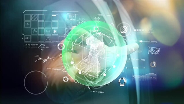 Marketer and NFT infographics on a holographic panel.