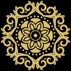 Oriental pattern with arabesques and floral elements. Traditional classic round golden ornament. Vintage black and golden pattern with arabesques