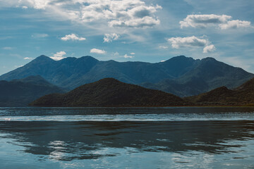 Amazing view of Skadar Lake and beautiful mountains on a sunny morning.