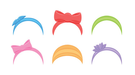 Beautiful Headbands. Set. Cute Female Hair Accessory. Headband with Bow and Flower for Young Woman and Little Girl. Color Fashion Cartoon style. White background. Vector illustration.