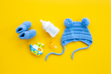 Baby newborn hat with kids toys and accessories, top view