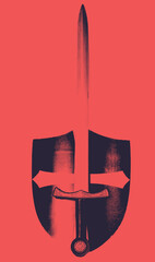 haltoned print of epic templar sword in black and red background