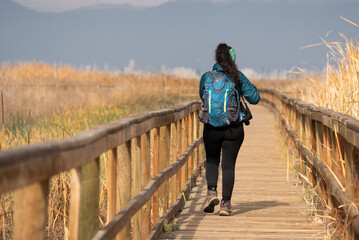 Girl walking across a bridge in a park