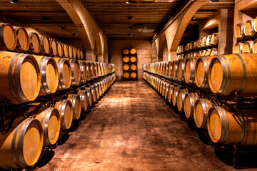 Wine cellar. Wine barrels in a winery in Spain.