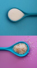 Creative colorful collage of salt and sugar. Pink Himalayan salt and white sugar in blue spoons. 