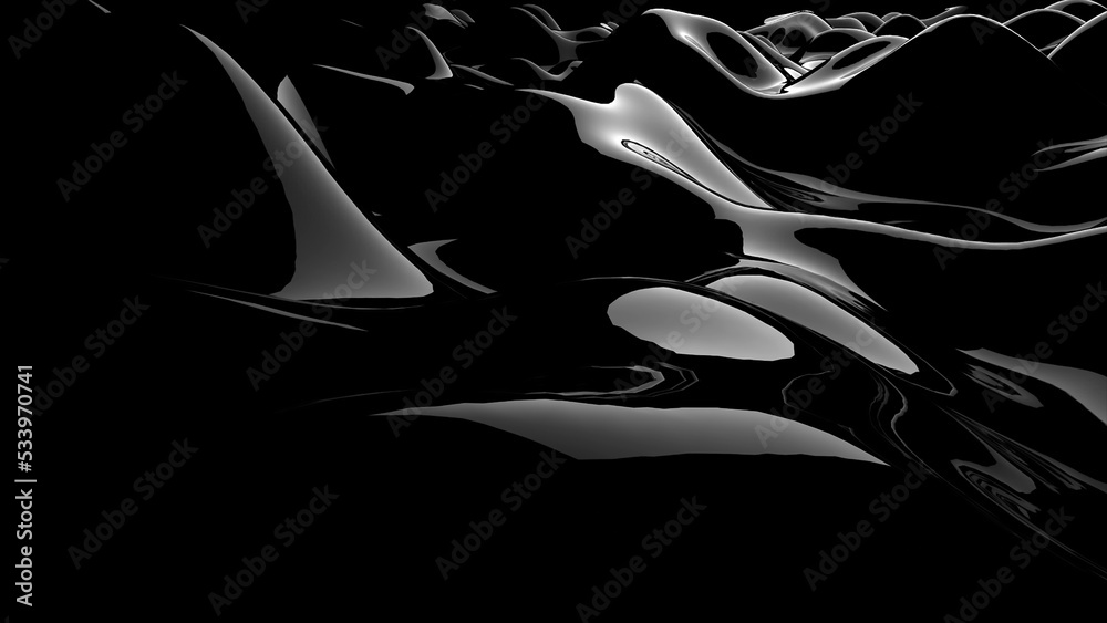 Fototapete 3d rendering of black water wave marble surface. geometric computer graphic background of glossy ref