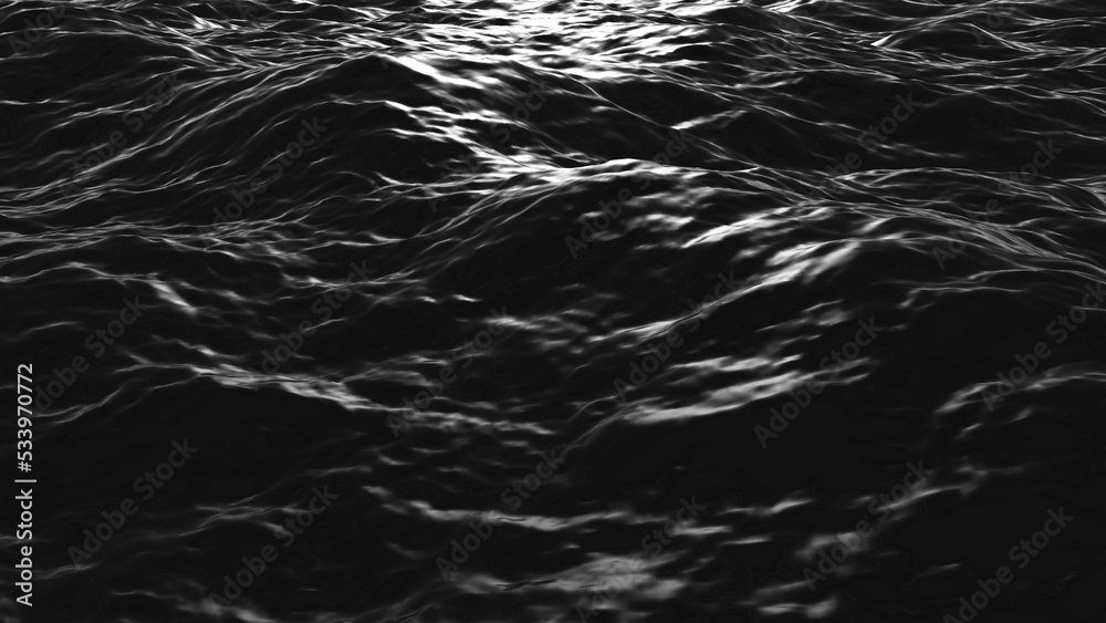 Wall mural black water background with ripples. wave surface of a dark ocean or sea in computer graphics. 3d re