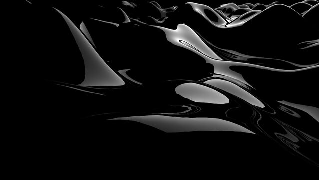 3D rendering of black water wave marble surface. Geometric computer graphic background of glossy reflective sea or ocean surface texture with ripples. Oil spill. Bumpy form of liquid.