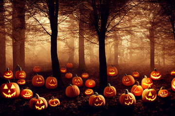 Digital illustration imitating oil painting style, Halloween pumpkins around old house, spooky atmosphere, can be used for festive cards, wallpapers, event banners.