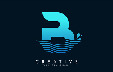 Blue B Letter Logo with Waves and Water Drops Design.