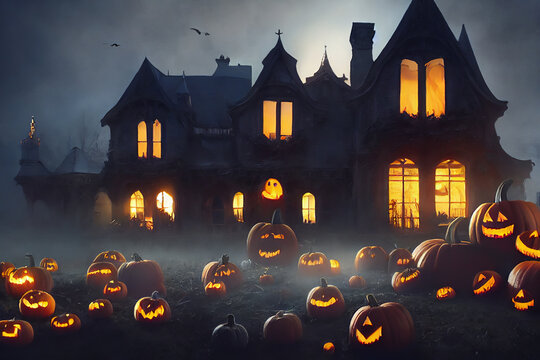 Digital illustration imitating oil painting style, Halloween pumpkins around old house, spooky atmosphere, can be used for festive cards, wallpapers, event banners.
