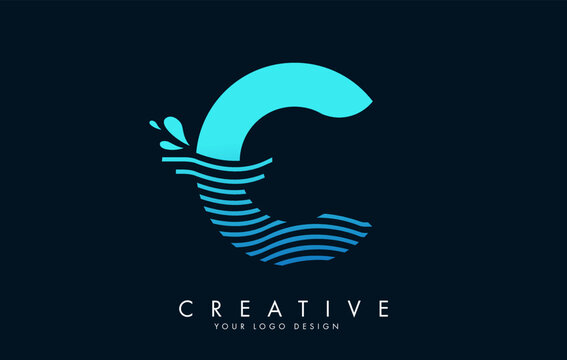 Blue C Letter Logo with Waves and Water Drops Design.