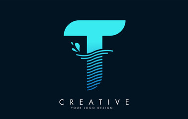 Blue T Letter Logo with Waves and Water Drops Design.