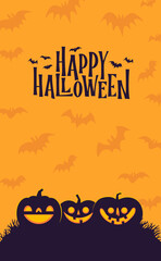 Halloween vertical banner with copy space. Carved Pumpkins Jack O Lantern design. Cute spooky design with fun elements.