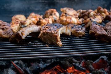 Marinated meat on the barbecue with red charcoal, chicken and ribs