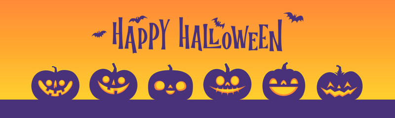 Halloween banner horizontal design with Jack o Lantern carved pumpkins. Simple cartoon spooky design. Trick or treat.