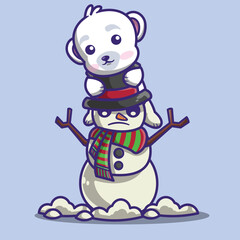 cute polar bear character playing with snowman