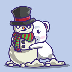 cute polar bear character playing with snowman