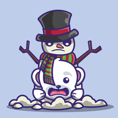 cute polar bear character playing with snowman