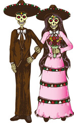 Art couple wedding mexican skulls day of the dead. Hand drawing and make graphic vector.