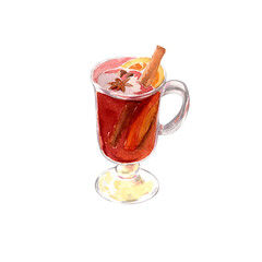 Watercolor illustration of mulled wine isolated on white background. Autumn handmade illustration.