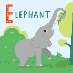 Cute elephant flat vector Illustration. Large cartoon mammal isolated on green grass