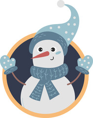 Portrait of winter character. cute snowman