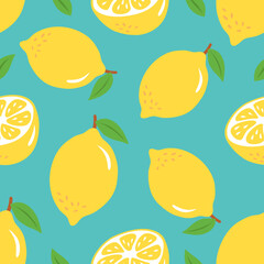 Seamless pattern with lemons and leaves. Vector illustration with whole and sliced lemons. Juicy wallpaper on a blue background