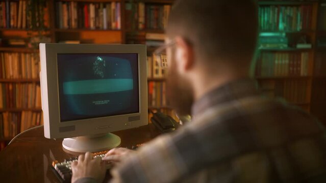 Professional hacker stealing passwords, breaching computer system, retro style