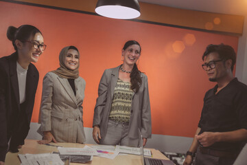 Celebrate International business office meeting group. Cheerful business company team start...