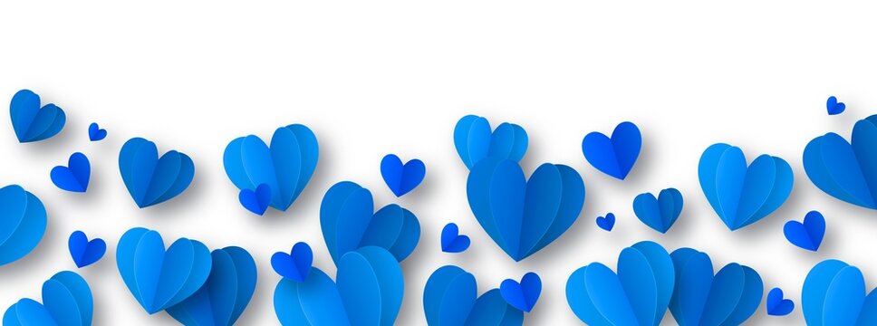 Romantic love background with long horizontal border made of beautiful falling blue paper hearts isolated on transparent background. Happy Valentine's Day or Father's Day PNG illustration