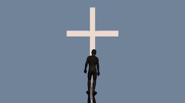 The man bows to the cross. Prayer. 3D render