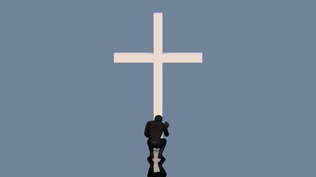 The man bows to the cross. Prayer. 3D render