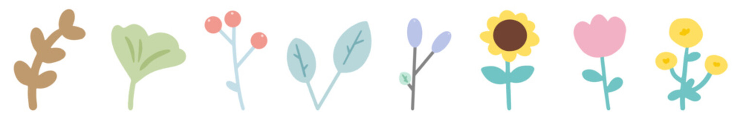 Cartoon collection of plants. Cute branches and flowers in flat hand drawn style. Different decor elements. Vector illustration