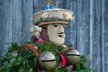 Silvesterchlausen or New Year Mummers in traditional costumes celebrating New Year in Urnasch. Appenzell, Switzerland