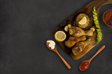 Obraz na płótnie Canvas Grilled chicken legs served with lemon, chili and sauces
