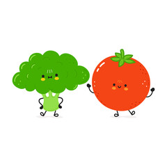 Broccoli and tomato card. Vector hand drawn doodle style cartoon character illustration icon design. Happy broccoli and tomato friends concept card