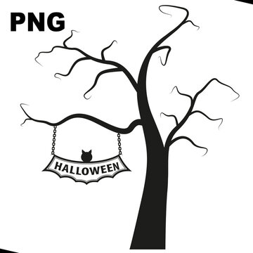 Halloween bat and tree. Halloween lettering. PNG format