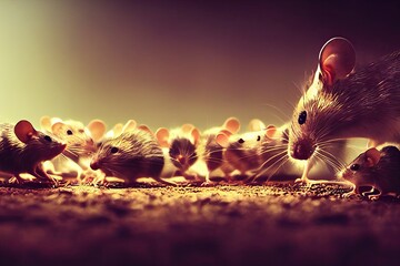 Mice run on urban roads at night in large numbers, causing an epidemic and pollution. Apocalyptic conceptual composition. 3D rendering and terrifying Halloween blurred background. - obrazy, fototapety, plakaty