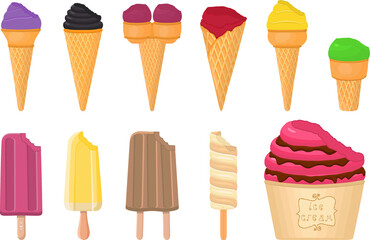 big kit ice cream popsicle different types in cone waffle cup