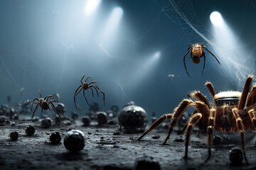 Spiders infestating urban houses at night. A scary Halloween theme and concept of epidemic and arachnophobia is presented here. 3D rendering. - obrazy, fototapety, plakaty